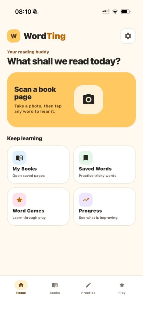 WordTing home screen showing Scan a book page, Keep learning cards for My Books, Saved Words, Word Games and Progress, and Home, Books, Practice and Play navigation.