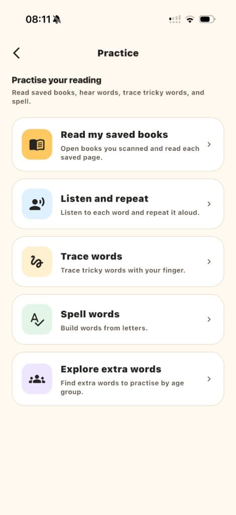 WordTing Practice screen listing Read my saved books, Listen and repeat, Trace words, Spell words, and Explore extra words.