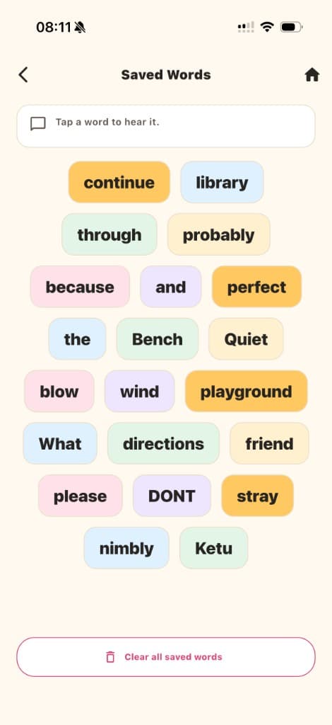 WordTing Saved Words screen with colourful word bubbles to tap and hear, and a Clear all saved words button.